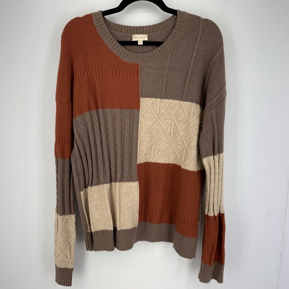 Hem & Thread Womens Large Crewneck Sweater Textured Cable Knit Plaid Patchwork